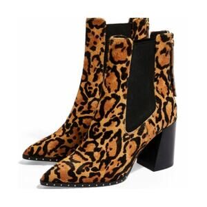 Topshop 7 Harrison Leopard Calf Hair Ankle Boot Block Heel Animal Print Brown 37